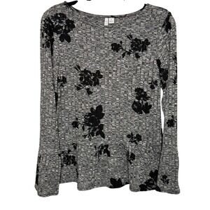 Elle Peplum Top Women XS Grey Black Excellent Floral Ribbed Long Sleeve Blouse